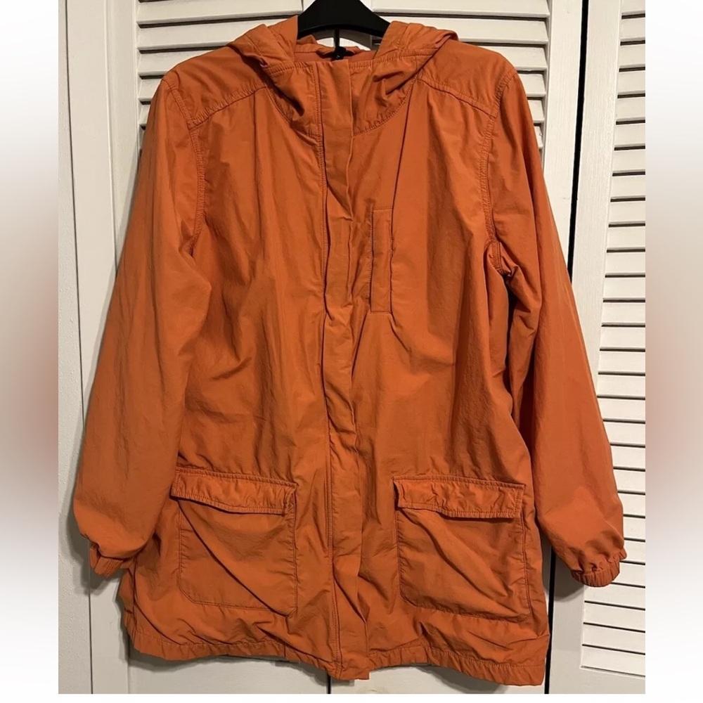 Eileen Fisher Orange Hooded Rain Jacket, Size L (small tear from detached snap)